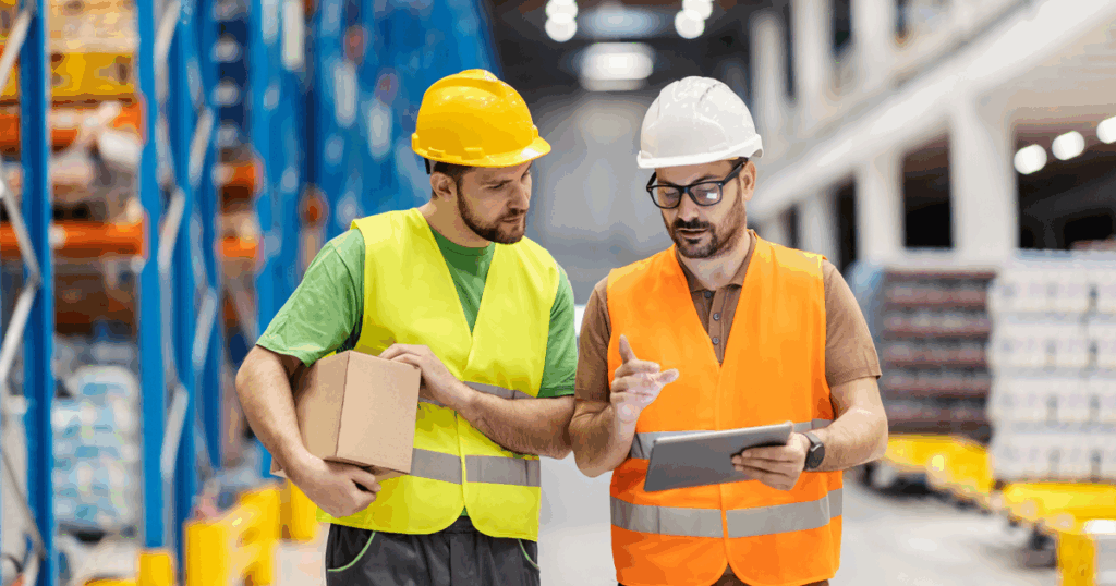 Profissionais analisando dados de produção com tablet em um armazém, ilustrando o uso do MRP para otimizar o planejamento de materiais e a gestão de estoque.