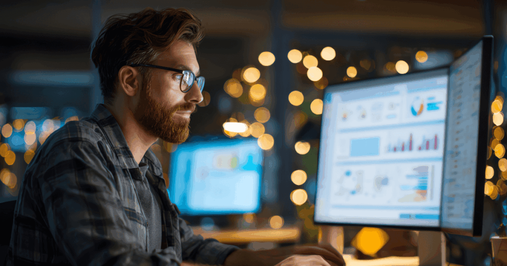 Profissional analisando dados e gráficos em um computador, representando o uso de um sistema de gestão da qualidade para monitorar e aprimorar processos empresariais.