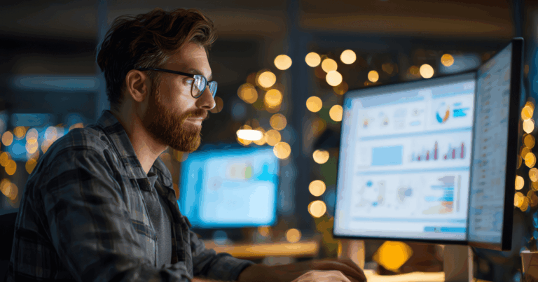 Profissional analisando dados e gráficos em um computador, representando o uso de um sistema de gestão da qualidade para monitorar e aprimorar processos empresariais.