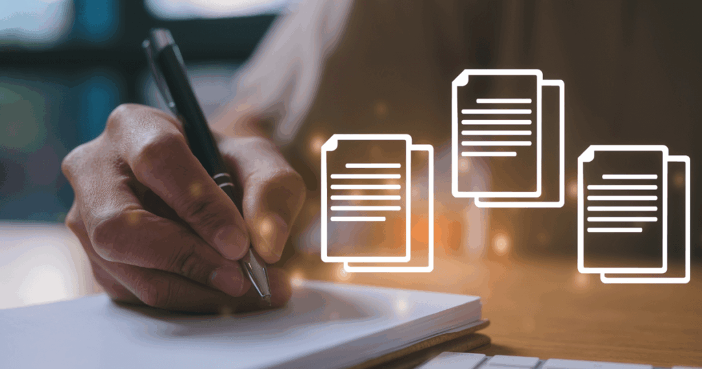 Pessoa assinando documento em mesa de trabalho com ícones digitais de arquivos ao lado, representando o conceito de gerenciamento por diretrizes e organização estratégica de processos empresariais.