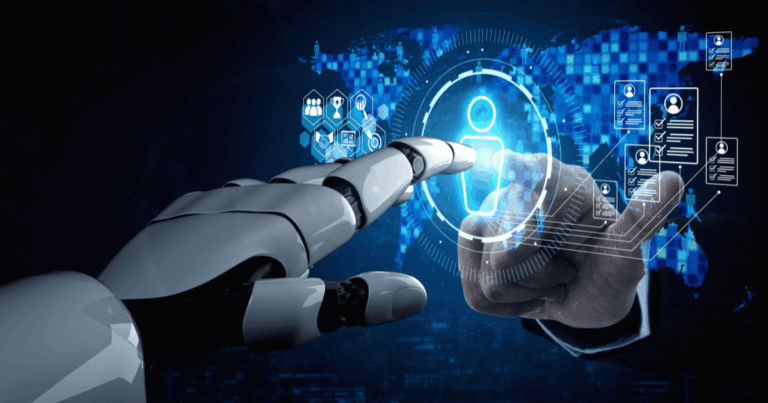 Mão robótica e mão humana interagindo em um ambiente digital, representando a integração entre pessoas e inteligência artificial nos processos tecnológicos e empresariais.