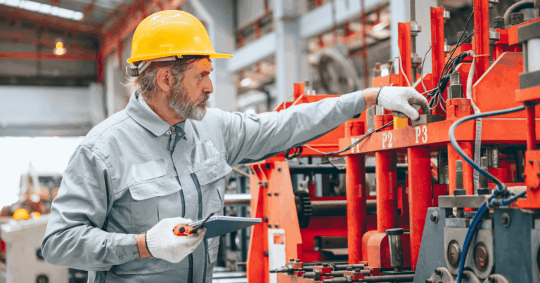 Técnico industrial utilizando capacete e tablet enquanto realiza inspeção em máquina na fábrica, representando a aplicação do MPS para padronização e melhoria de processos produtivos.