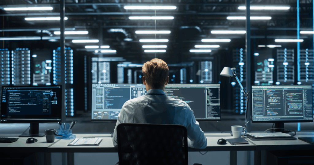 Profissional em centro de dados monitorando sistemas em múltiplas telas, representando a comparação entre modelos de software SaaS ou on-premise para gestão tecnológica.