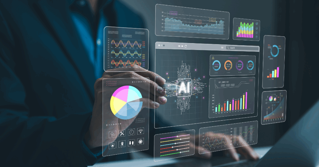 Profissional interagindo com painéis digitais de dados e gráficos, representando o uso de IA para negócios na análise estratégica e tomada de decisões inteligentes.