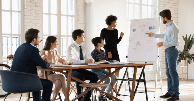 Uma imagem de uma pessoa explicando uma matriz de Eisenhower em um quadro branco para outras 5 pessoas