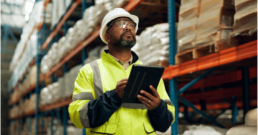 Operador logístico em um armazém, utilizando um tablet para monitorar o estoque e garantir a eficiência na gestão da cadeia de suprimentos.