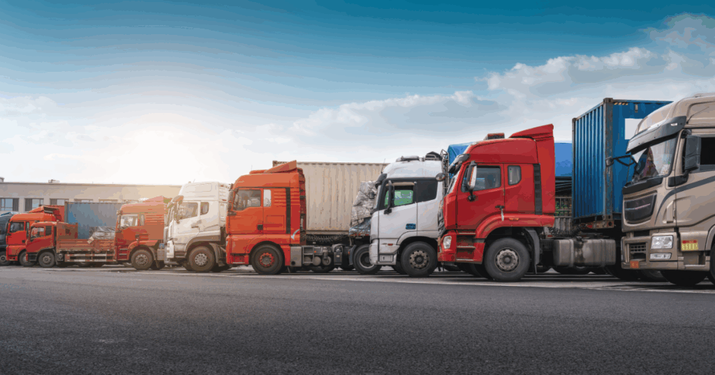 Caminhões estacionados lado a lado em pátio logístico, destacando a importância do uso de Arla 32 para redução de emissões e conformidade ambiental.