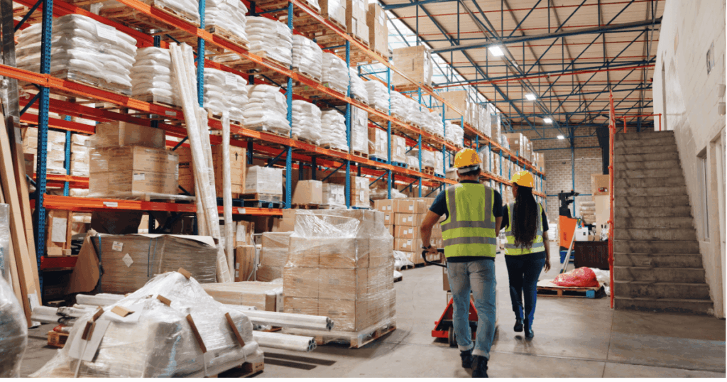 Armazém organizado com prateleiras altas cheias de produtos embalados e funcionários usando coletes refletivos e capacetes, ilustrando a aplicação de princípios da lean logistics para eficiência e otimização de processos.