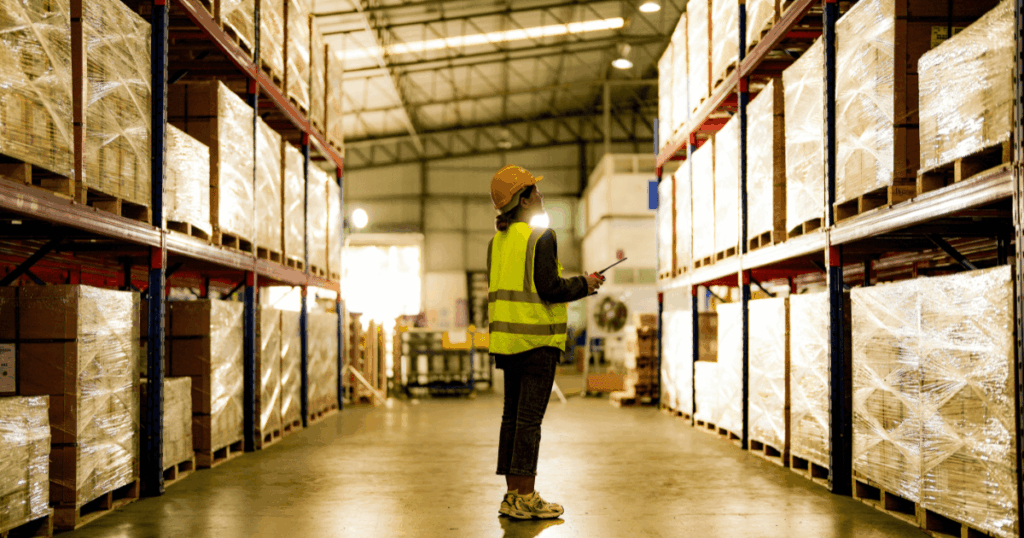 Funcionária com colete e capacete analisando estoque em um armazém organizado, representando o processo eficiente de supply chain management.