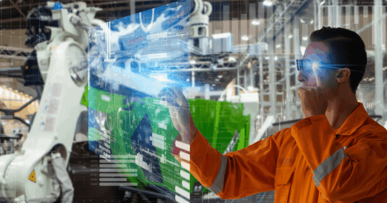 Engenheiro interagindo com interface virtual em fábrica inteligente, ilustrando a aplicação de digital twins na indústria para simulação e monitoramento em tempo real.