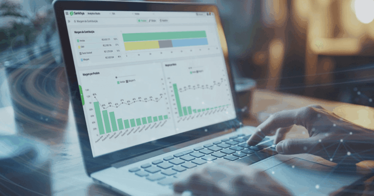 Tela do sistema EIP da Sankhya exibindo gráficos de desempenho, representando gestão preditiva e análise inteligente para tomada de decisão empresarial.