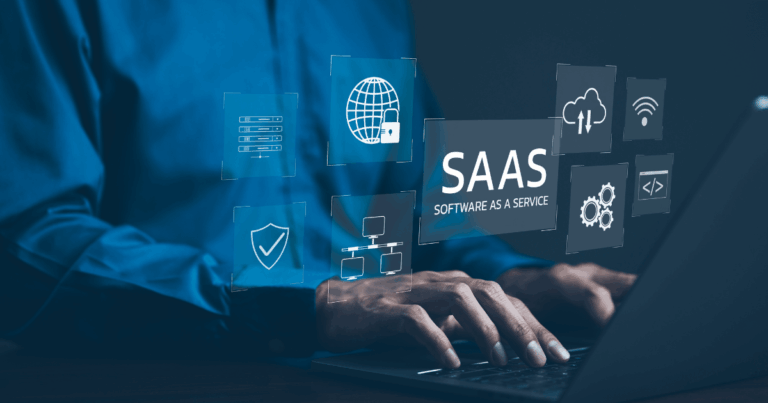 Imagem ilustrando o conceito de SaaS (Software as a Service), com um profissional interagindo com ícones de tecnologia, segurança e conectividade em um ambiente digital.