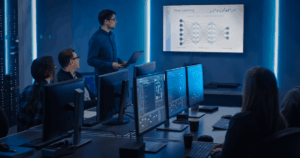 Equipe em uma sala de TI observando uma apresentação sobre deep learning, com um instrutor explicando uma rede neural exibida em um telão e vários computadores ligados à frente dos participantes.