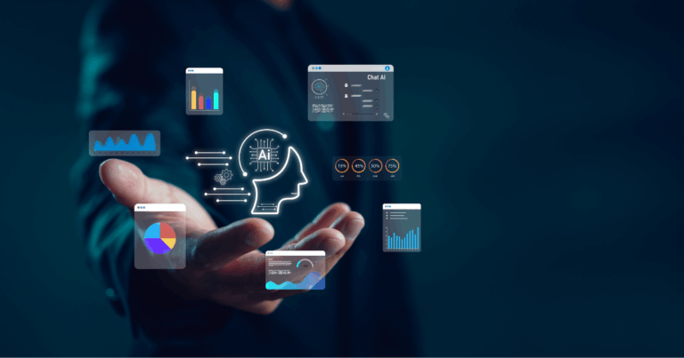 Imagem de um profissional interagindo com gráficos e ícones digitais flutuantes, representando a modelagem de dados e o uso de inteligência artificial para análise e visualização de informações.