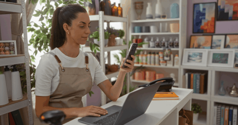 Empreendedora em loja física utilizando celular e notebook para atividades de gestão de varejo e controle do negócio.