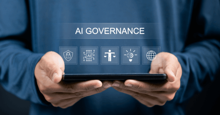 Pessoa segurando um tablet com ícones digitais de segurança, ética, transparência e inovação, representando conceitos de governança de IA e uso responsável da inteligência artificial nas organizações.