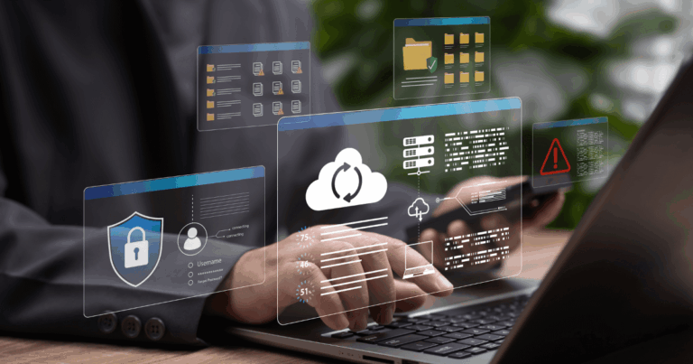 Prevenção a fraude em ambiente corporativo, com profissional usando laptop e interface digital de segurança, nuvem, dados protegidos e alertas de risco.