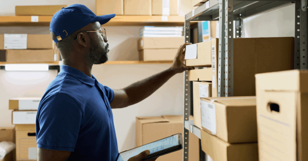 Profissional com tablets em mãos, realizando o cadastro de produtos.