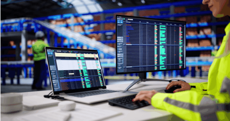 Profissional monitorando dados em computadores dentro de um centro de distribuição, representando o processamento logístico e o controle operacional da cadeia de suprimentos.