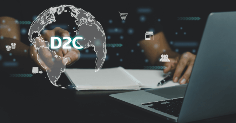 Profissional utilizando notebook enquanto interage com uma interface digital destacando o conceito de D2C (Direct to Consumer), com ícones de e-commerce, clientes, logística e vendas online, representando a conexão direta entre marcas e consumidores em um ambiente digital.